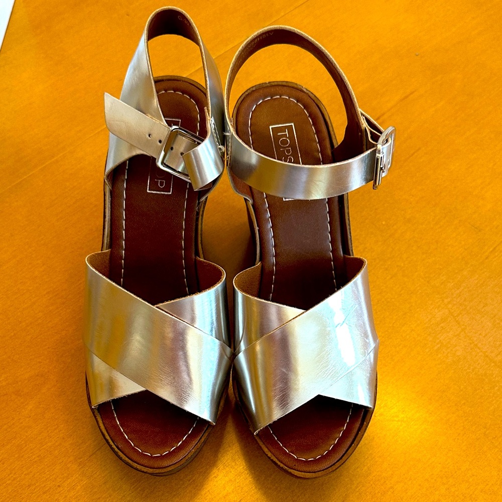 Top shop Worldie Sandal Wedge, silver, size 7.5 or 38